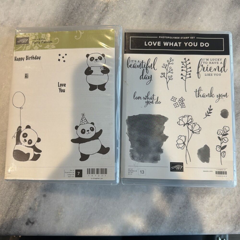 Stampin Up! Stamp Sets Party Pandas & Love What You Do Flowers Pandas Sentiments